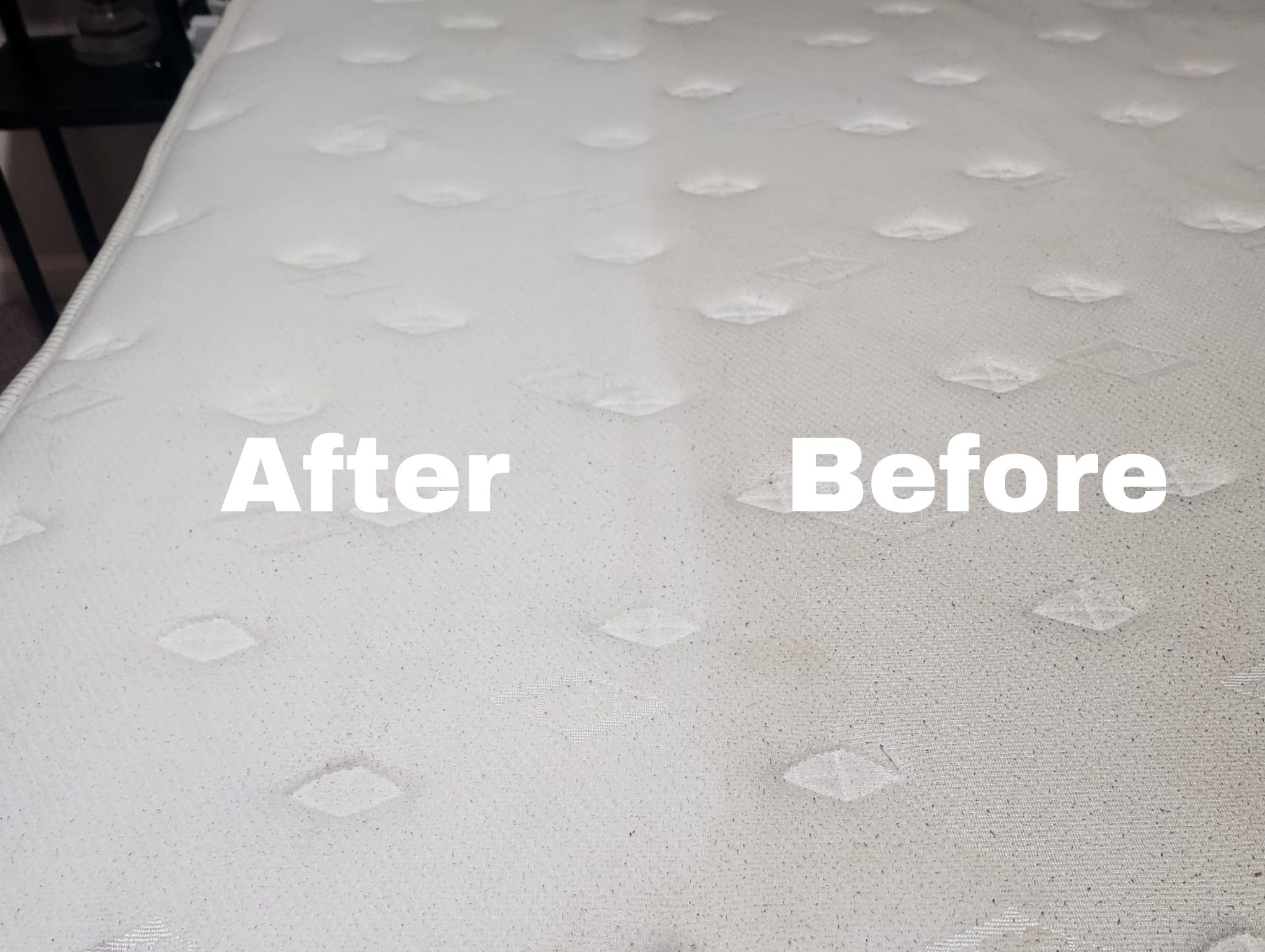 Mattress before and after professional steam cleaning — stains and dirt fully removed
