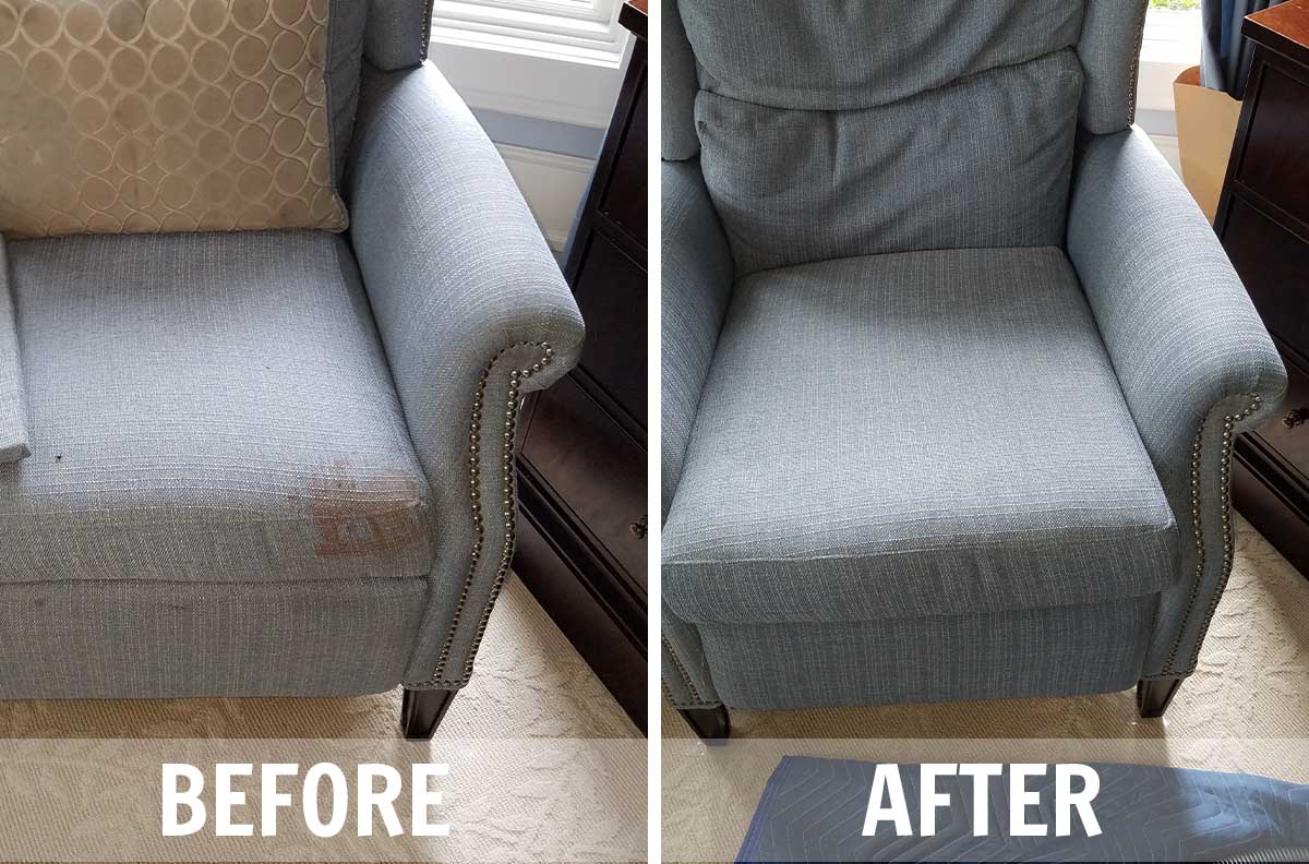 Armchair before and after professional upholstery cleaning — stain fully removed